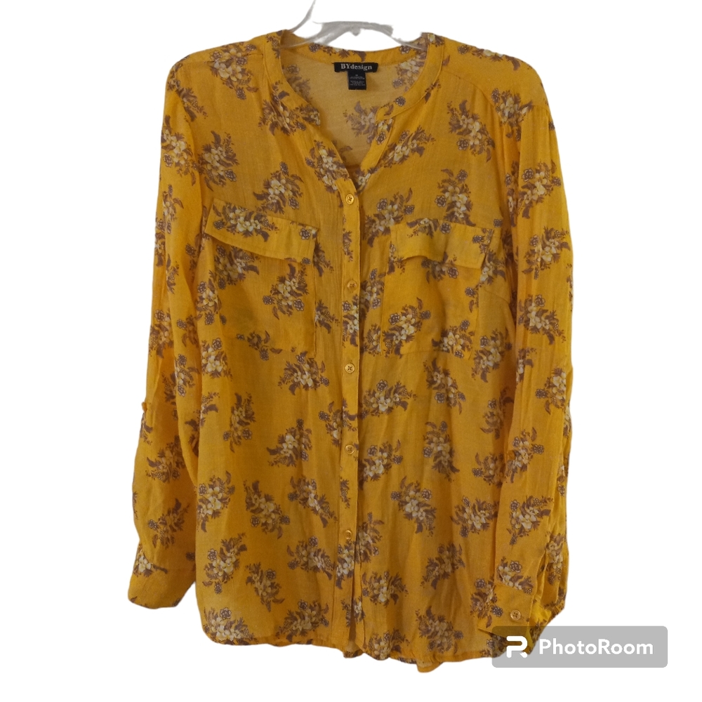 BY design yellow floral button down long sleeve v-neck top size M